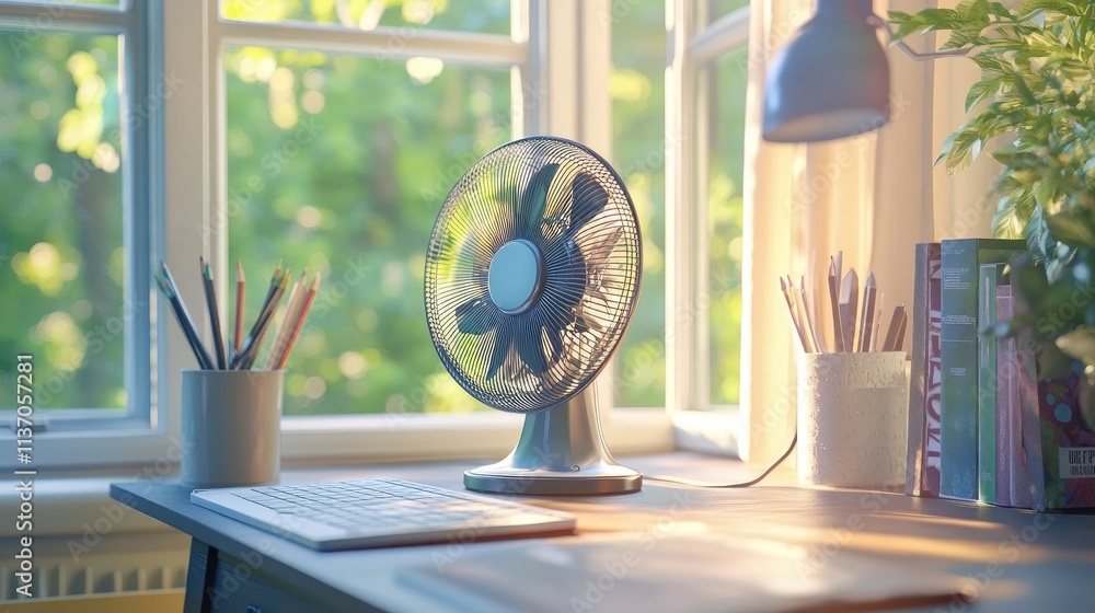 Cozy Home Office with Desk Fan and Natural Light from Window Cozy Home Office with Desk Fan and Natural Light from Window