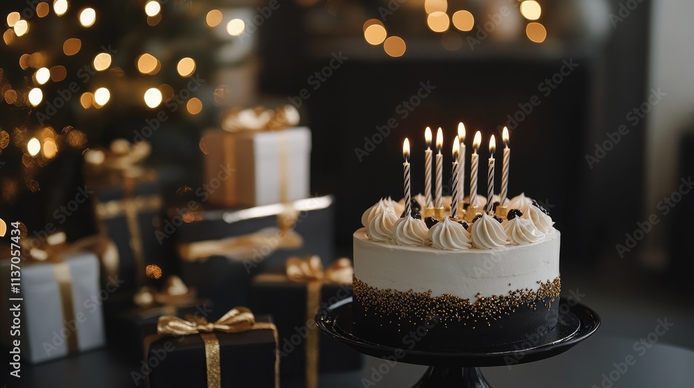 Elegant birthday scene, stylish cake with candles, luxury gift boxes, and a sophisticated greeting Elegant birthday scene, stylish cake with candles, luxury gift boxes, and a sophisticated greeting