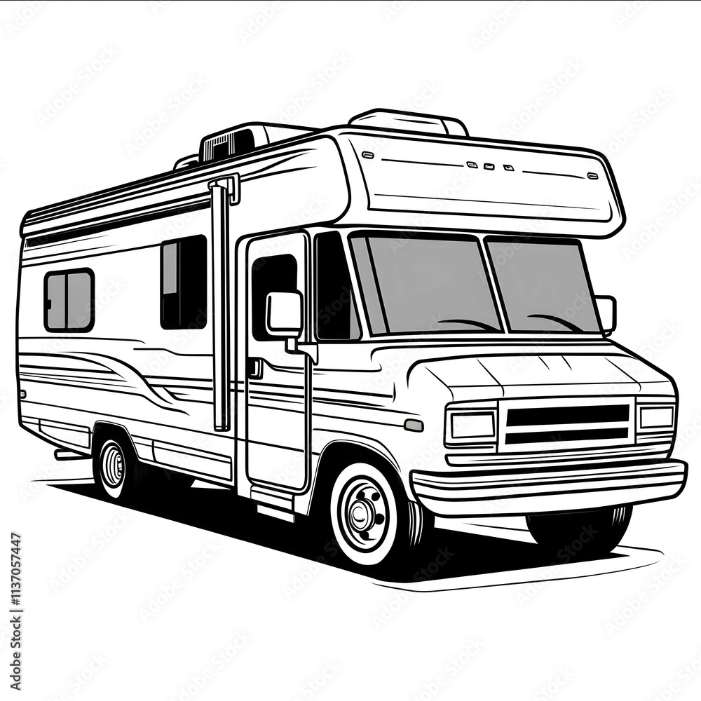 A simple black and white line drawing of a RV Recreational Vehicle ...