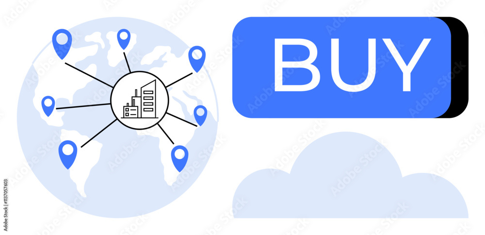 Factory connected to eight blue location pins across the world large blue BUY button and cloud icon. Ideal for e-commerce, globalization, international trade, logistics, manufacturing, online Factory connected to eight blue location pins across the world large blue BUY button and cloud icon. Ideal for e-commerce, globalization, international trade, logistics, manufacturing, online