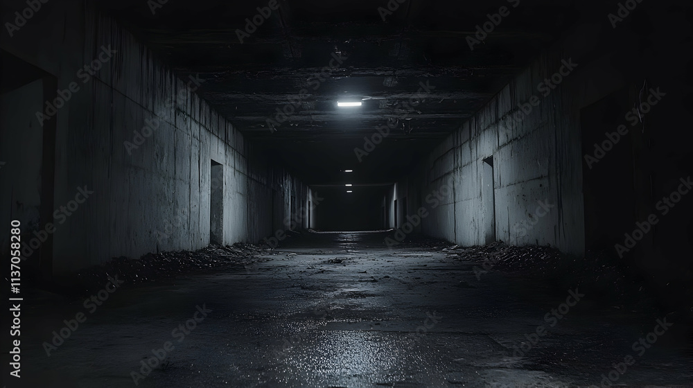 Fototapeta premium Dark Concrete Tunnel Extends into Darkness, Lit by Sparse Overhead Lights