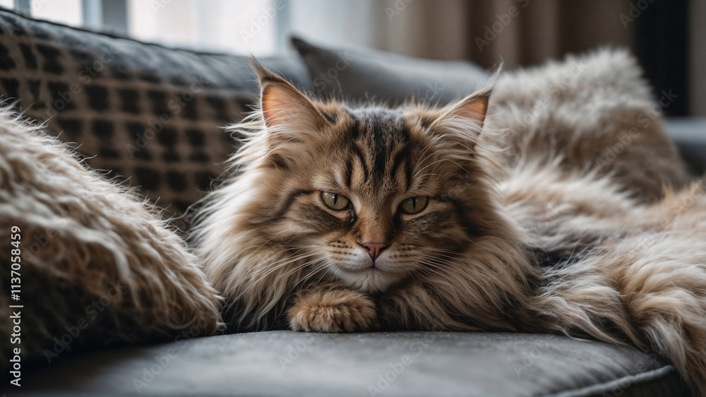 Fluffy Tabby Cat Resting on a Cozy Sofa Surrounded by Soft Textured Pillows in a Relaxing Home Setting Fluffy Tabby Cat Resting on a Cozy Sofa Surrounded by Soft Textured Pillows in a Relaxing Home Setting
