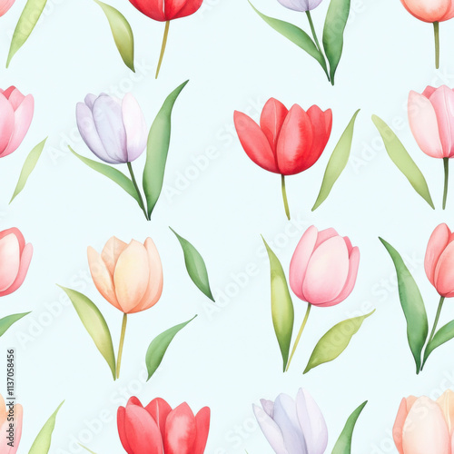 Wallpaper Mural Beautiful floral seamless pattern featuring various tulips in shades of red, pink, and purple, complemented by green leaves on light blue background, creating fresh and vibrant atmosphere Torontodigital.ca