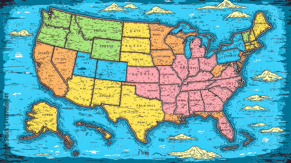 Naklejka premium Hand-drawn US map with pastel-colored states.