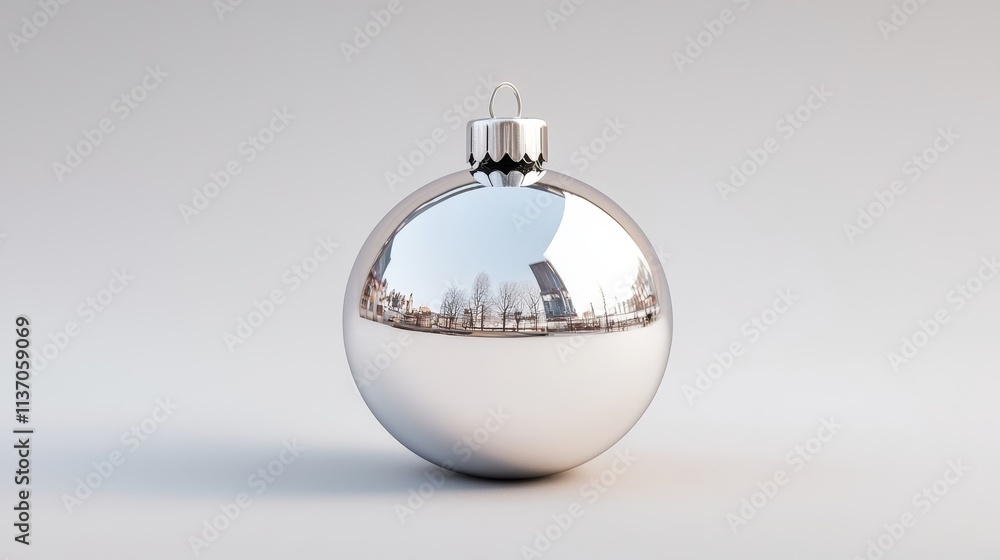 High-quality silver holiday ball, pure white backdrop, slight shadowing, studio quality, polished and ready for ad campaigns