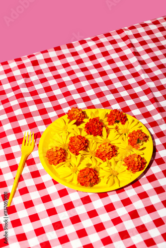 Bright floral arrangement on a checkered picnic tablecloth photo