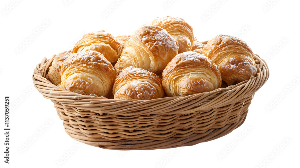 Basket of French butter croissants, isolated on a white background Basket of French butter croissants, isolated on a white background