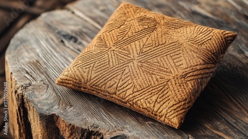 Rustic Brown Textured Pillow on Weathered Wooden Surface