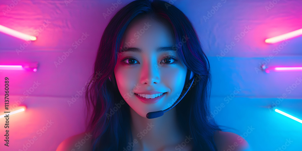 Woman with Headset in Neon Light Background; Vibrant Portrait of a Young Female Gamer Smiles Brightly, Illuminated by Colorful Tubes Woman with Headset in Neon Light Background; Vibrant Portrait of a Young Female Gamer Smiles Brightly, Illuminated by Colorful Tubes