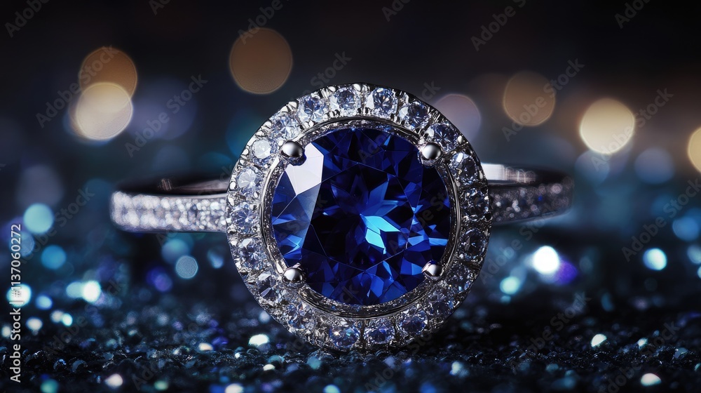 Elegant Sapphire Ring with Sparkling Diamonds on Bokeh Background Elegant Sapphire Ring with Sparkling Diamonds on Bokeh Background