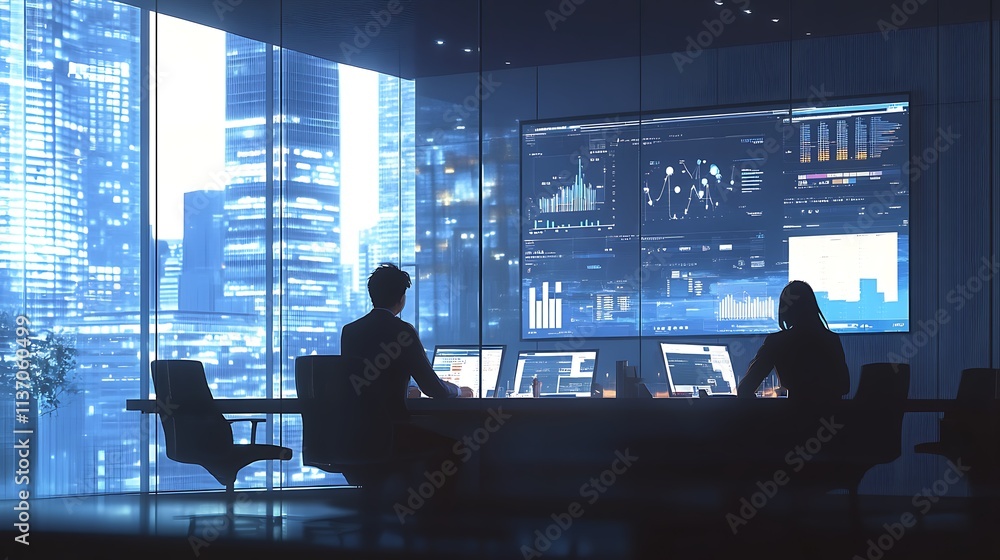 Two Businesspeople Analyze Data In Modern Office At Night Two Businesspeople Analyze Data In Modern Office At Night