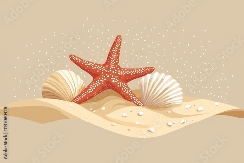 artwork features vibrant red starfish alongside two elegant seashells on soft sandy beach. warm tones and calming blues evoke sense of serene coastal vacations. photo