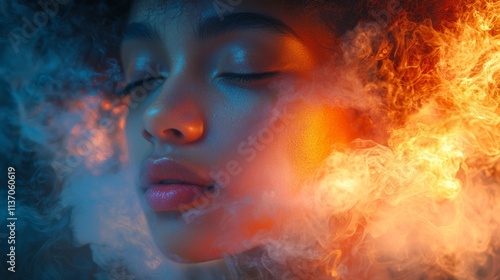 Portrait of a woman surrounded by glowing orange and blue smoke