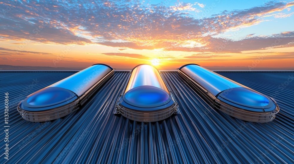 Obraz premium solar water heater with reflective panels, positioned on rooftop, blue sky setting, futuristic digital concept, isolated on white background