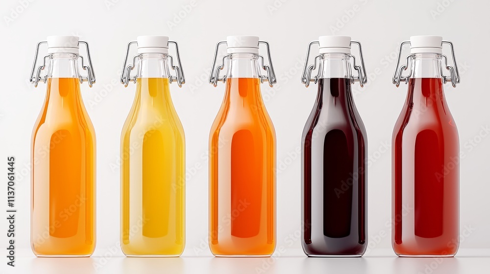 Luxurious Kombucha aesthetic, five flavors in crystal-clear swing-top bottles, vibrant and inviting, staged on a white reflective surface with soft lighting Luxurious Kombucha aesthetic, five flavors in crystal-clear swing-top bottles, vibrant and inviting, staged on a white reflective surface with soft lighting
