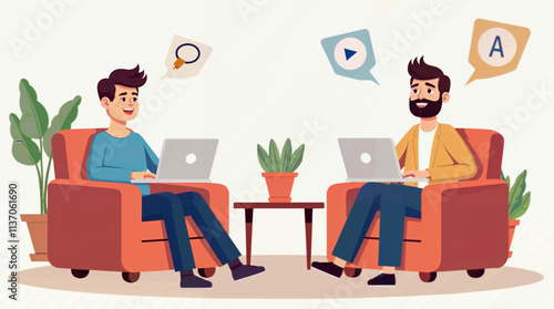 Illustration of Two happy men sitting on a sofa with laptop. illustration of startup concept and business teamwork.