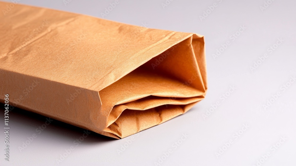 Brown paper lunch bag tilted slightly, focusing on the delicate paper creases and lighting contrasts, isolated white setup Brown paper lunch bag tilted slightly, focusing on the delicate paper creases and lighting contrasts, isolated white setup