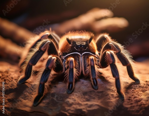 Tarantula- Large brown and black spider is on a rock photo