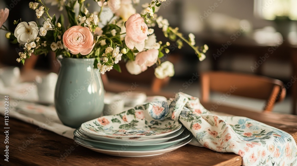 Rustic table setting with floral centerpiece and patterned plates. Rustic table setting with floral centerpiece and patterned plates.