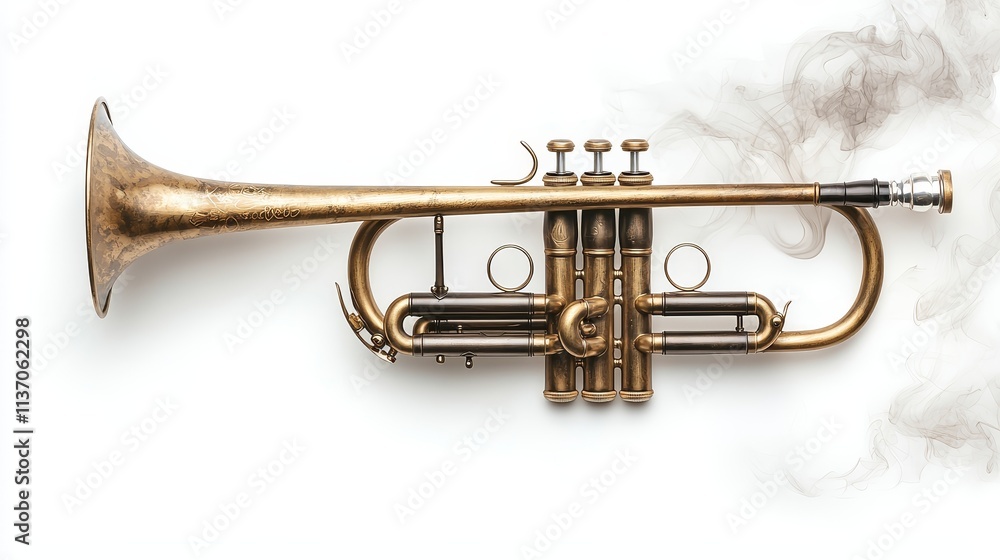 Classic trumpet design with an aged, tarnished patina, paired with subtle smoke and light trails, isolated on white Classic trumpet design with an aged, tarnished patina, paired with subtle smoke and light trails, isolated on white