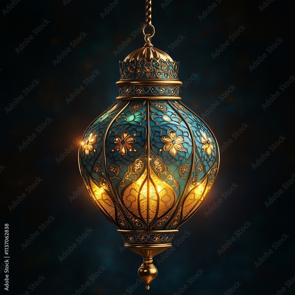 beautiful Ramadan lantern with golden and turquoise colors, decorated with Islamic patterns, hangs in the air with light reflecting off it. beautiful Ramadan lantern with golden and turquoise colors, decorated with Islamic patterns, hangs in the air with light reflecting off it.