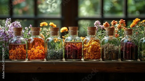 Rustic collection of glowing glass bottles on a wooden table photo