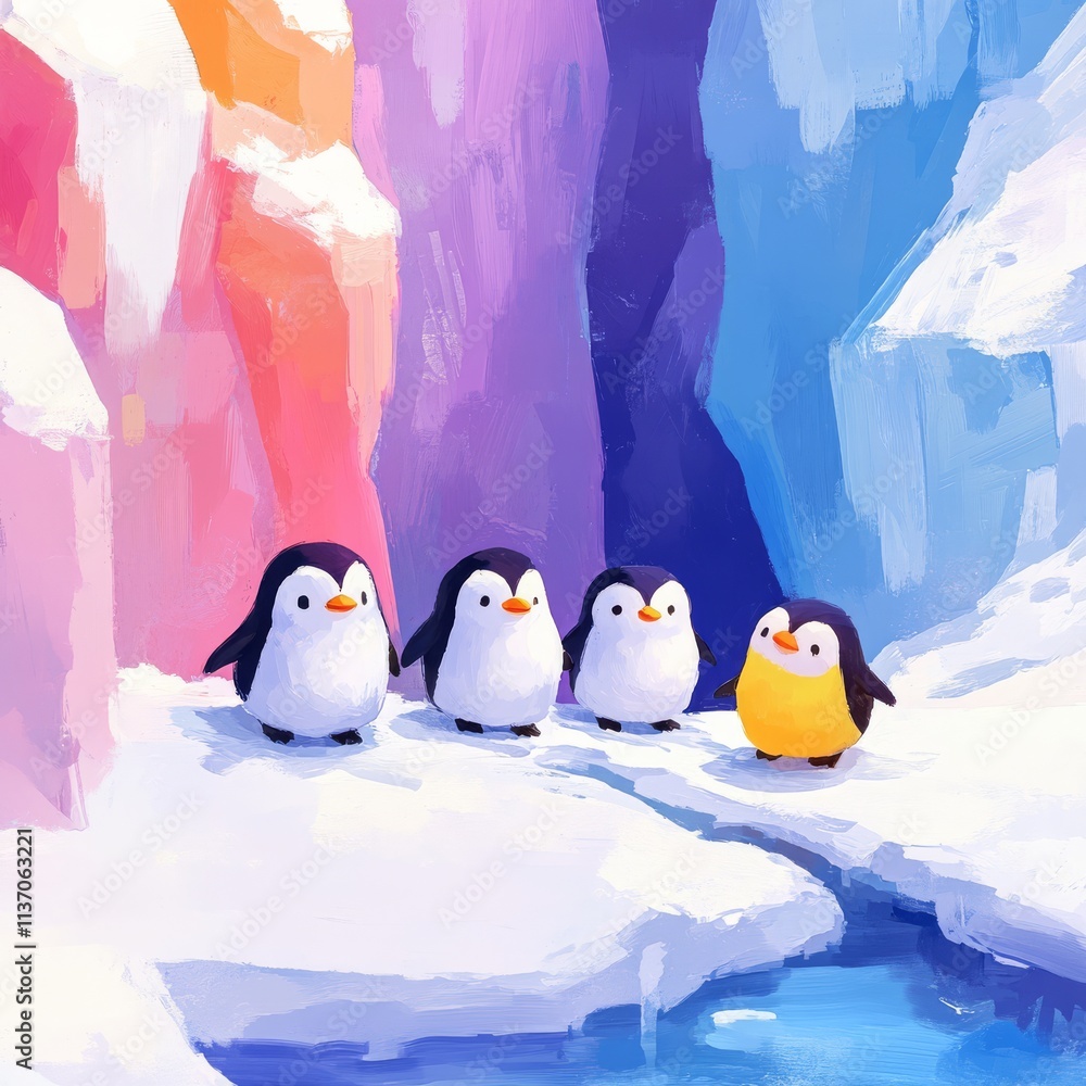 Obraz premium Penguins sliding down an icy slope into a frozen pool of water.
