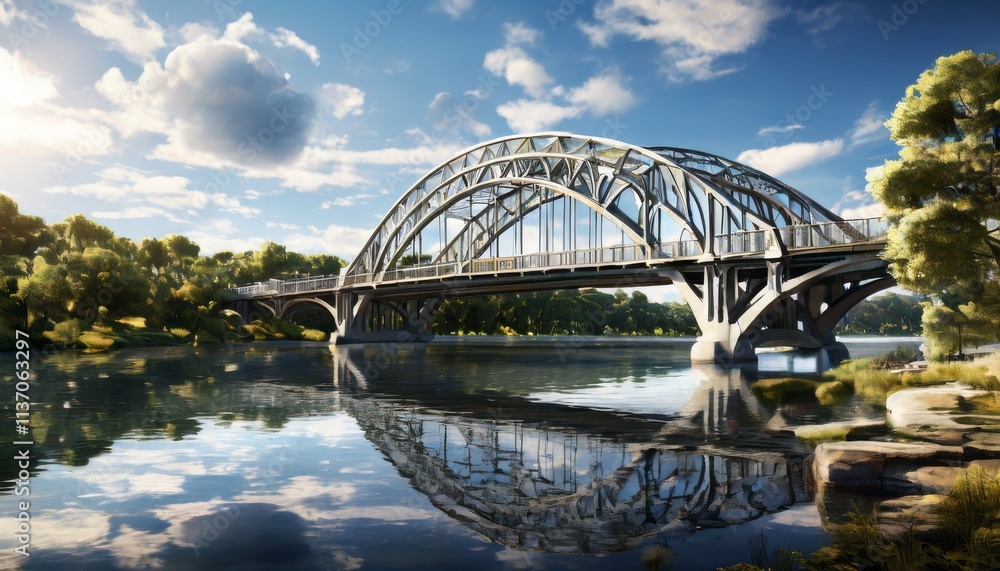 Fototapeta premium A picturesque bridge stretches over a calm river, with clear skies and serene surroundings. The reflection of the bridge in the still water creates a peaceful and tranquil atmosphere, perfect for