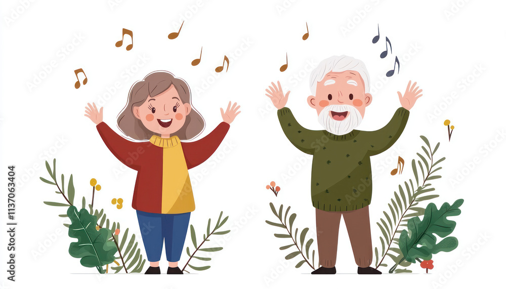 Fototapeta premium An elderly man and woman joyfully singing together, surrounded by plants and musical notes, creating lively atmosphere of happiness and connection