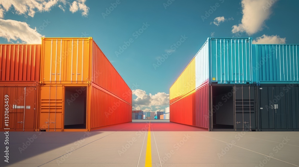 Fototapeta premium intermodal container flat design front view supply chain theme 3D render Split-complementary color scheme