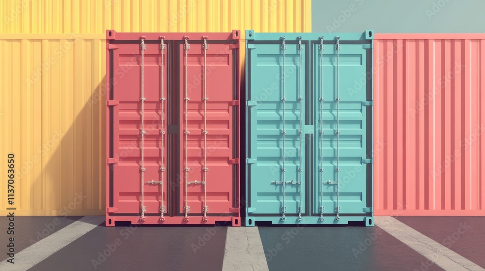 Fototapeta premium intermodal container flat design front view supply chain theme 3D render Split-complementary color scheme