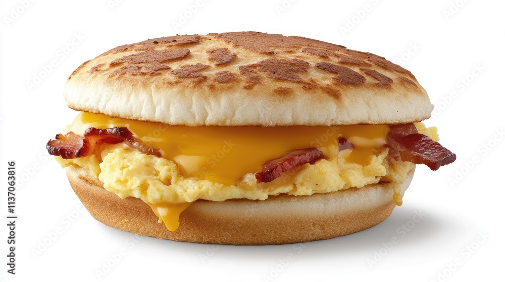 Breakfast Sandwich with Bacon, Egg, and Melted Cheese on Biscuit