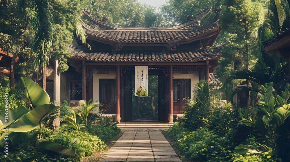 Fototapeta premium Tranquil Asian Temple Entrance Lush Greenery Garden