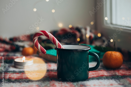 Cozy Christmas setting with festive mug and decorations photo