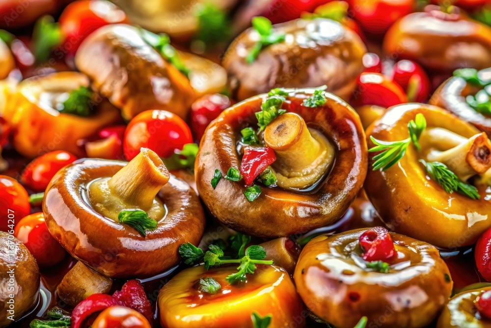 Marinated mushrooms, a vibrant close-up, revealed through long exposure photography. Marinated mushrooms, a vibrant close-up, revealed through long exposure photography.