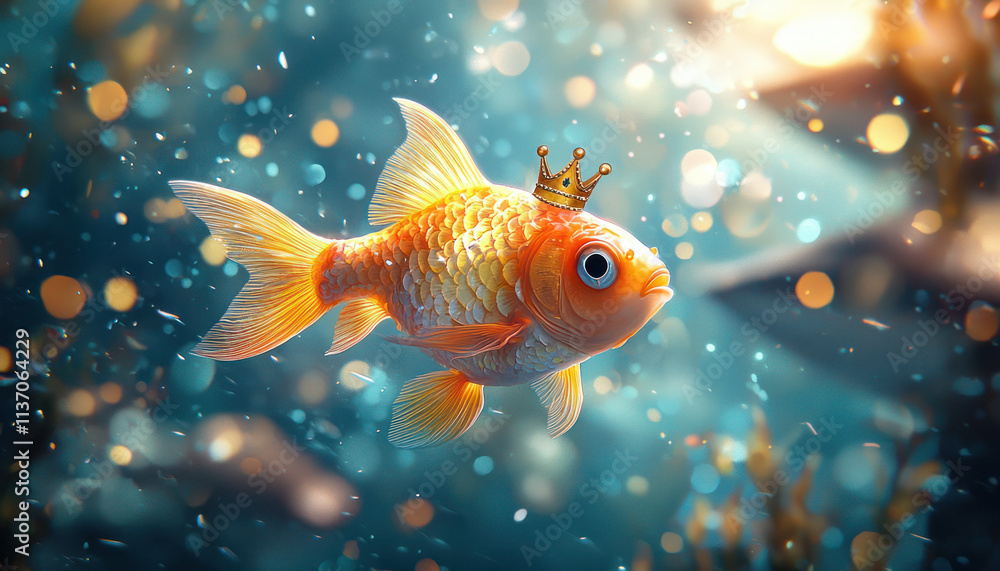A small fish wearing crown swims gracefully in vibrant underwater scene, surrounded by shimmering bubbles and soft light A small fish wearing crown swims gracefully in vibrant underwater scene, surrounded by shimmering bubbles and soft light