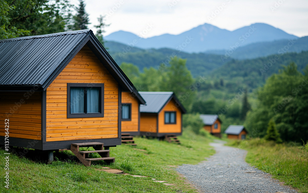 Charming wooden cabins nestled in lush greenery with mountains in the background. Charming wooden cabins nestled in lush greenery with mountains in the background.