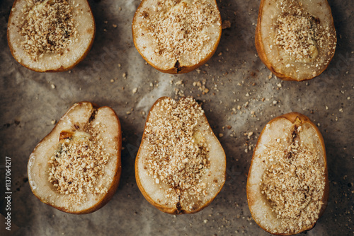 Pears with Dor Bleu cheese and nuts in top view photo