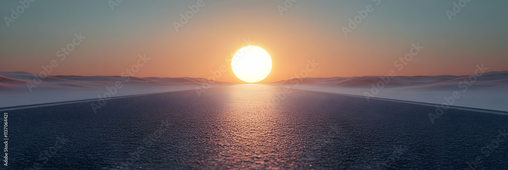 Naklejka premium 3D Render: Vast Desert Highway at Sunset, Sun Descends Over Rolling Hills, Creating Dramatic Silhouette