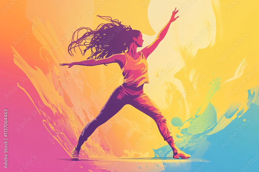 A colorful digital painting of a young woman dancing with dynamic movements surrounded by abstract splashes of vivid colors
A colorful digital painting of a young woman dancing with dynamic movements surrounded by abstract splashes of vivid colors