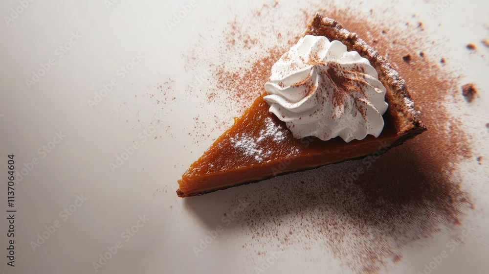Slice of Pumpkin Pie with Whipped Cream and Cocoa Powder Garnish Slice of Pumpkin Pie with Whipped Cream and Cocoa Powder Garnish
