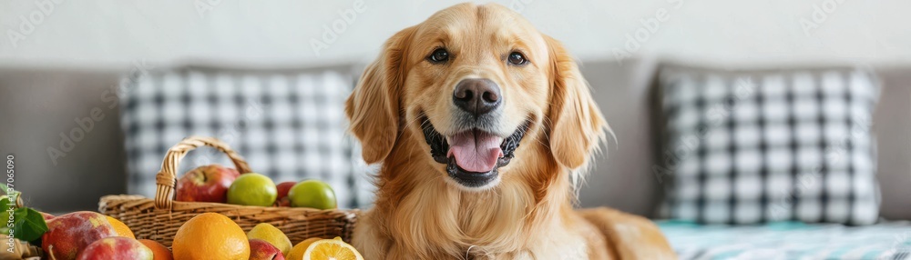 Obraz premium Happy golden retriever dog with fruit basket in cozy living room warm atmosphere joyful pet portraits