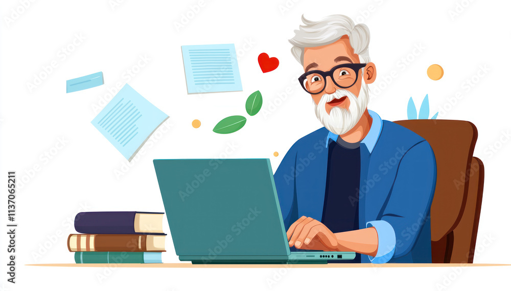A Happy senior man using laptop for online education, surrounded by books and notes, expressing joy and engagement in learning A Happy senior man using laptop for online education, surrounded by books and notes, expressing joy and engagement in learning
