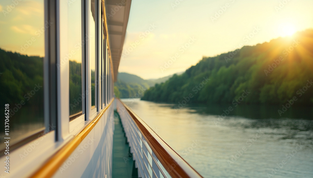 Serene river cruise view at sunset, showcasing tranquil waters and lush greenery. Serene river cruise view at sunset, showcasing tranquil waters and lush greenery.