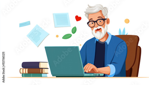 A Happy senior man using laptop for online education, surrounded by books and notes, expressing joy and engagement in learning