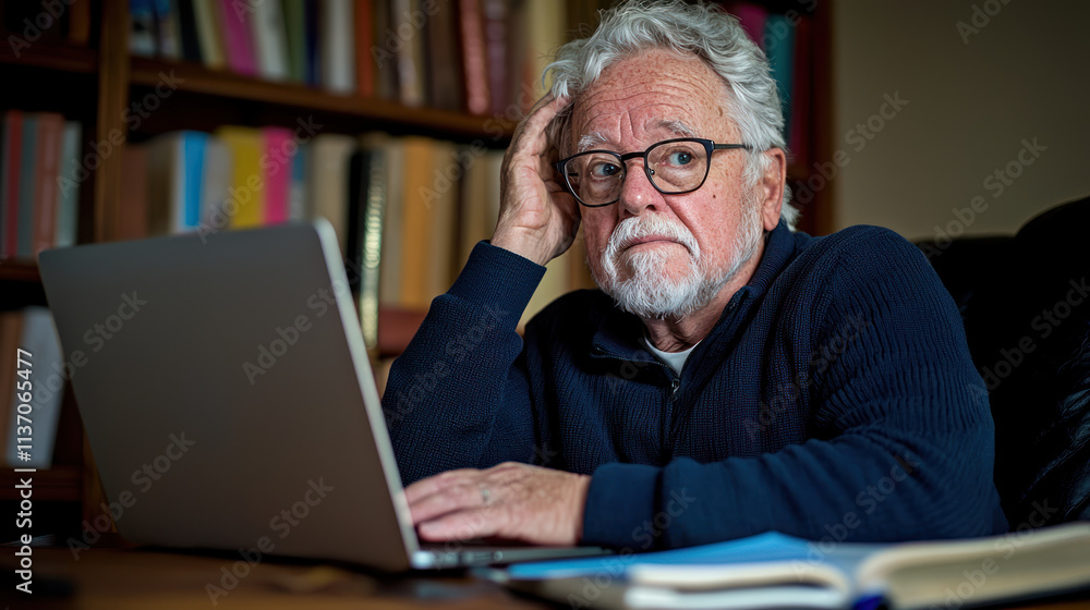 A Thoughtful senior man reviewing notes on laptop, feeling contemplative and focused A Thoughtful senior man reviewing notes on laptop, feeling contemplative and focused