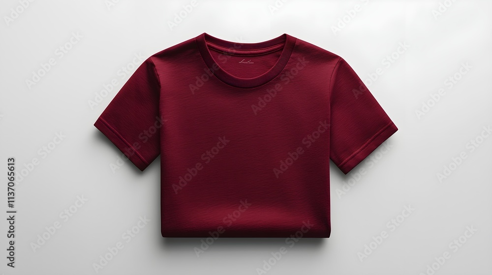Plain maroon T-shirt front view, flat lay, health logo area on chest, cotton fabric texture, clean white backdrop, sharp focus, commercial mockup