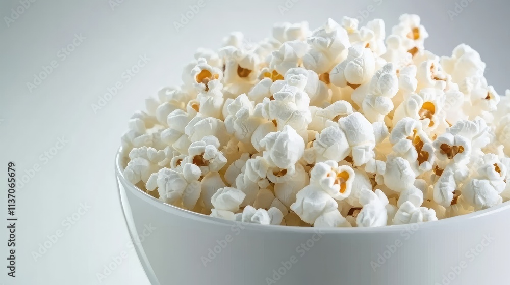 Freshly Popped Popcorn in White Bowl on Light Background Freshly Popped Popcorn in White Bowl on Light Background