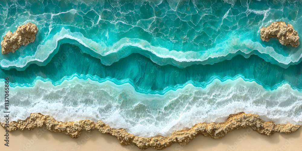 Fototapeta premium Ocean Waves Resin Art. Turquoise Water Crashing on Sandy Shore