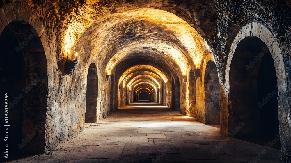 Ancient Stone Corridor Archway Illuminated Pathway Ancient Stone Corridor Archway Illuminated Pathway